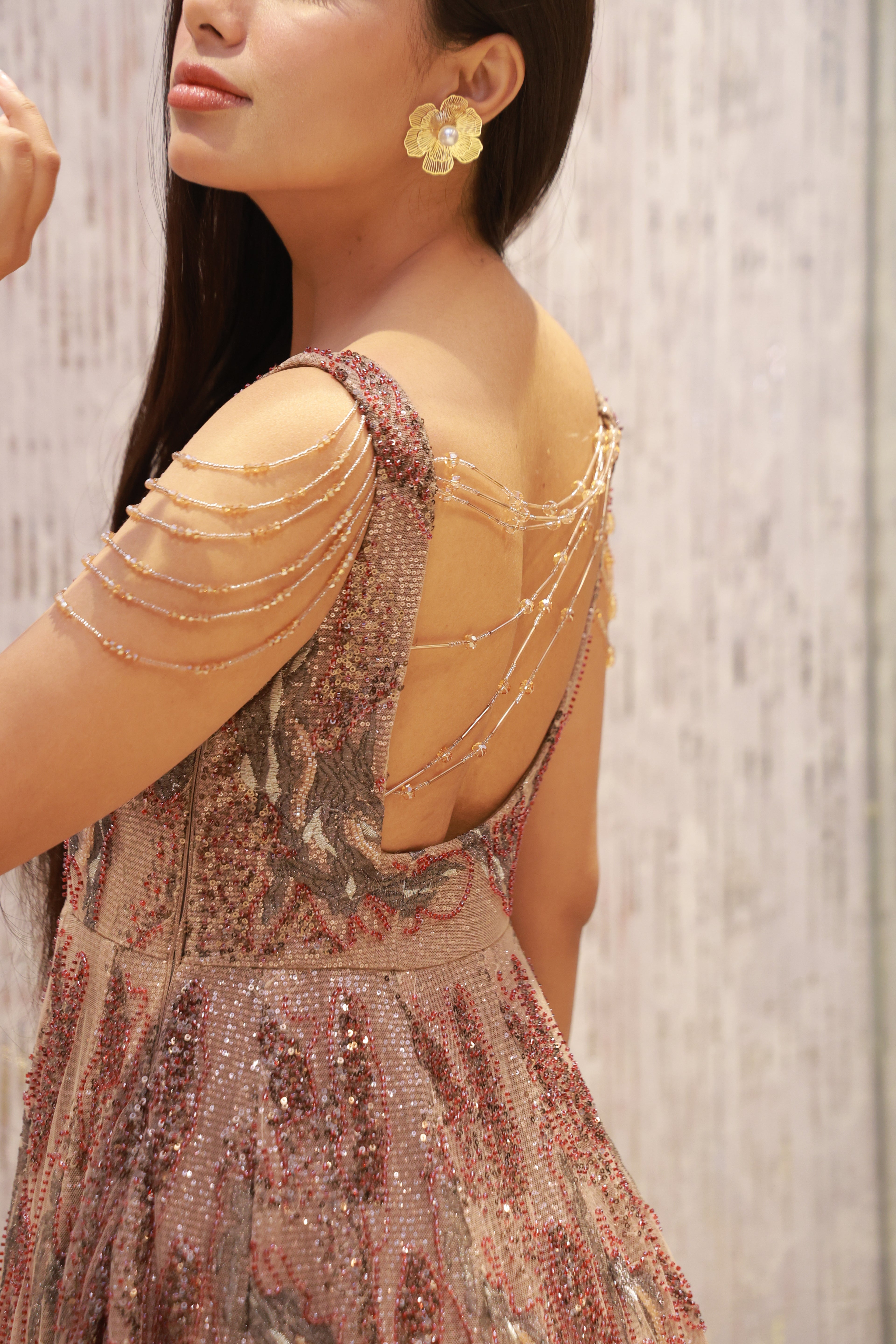 Blush-toned paneled floor-length Gown
